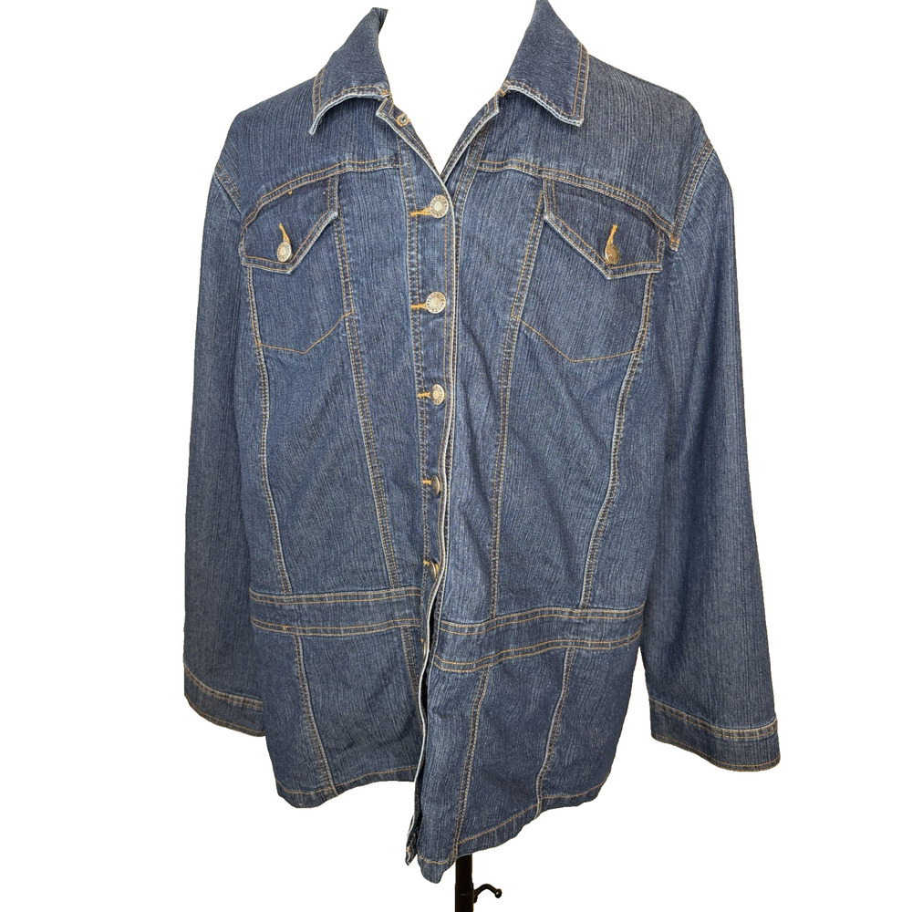 Liz & Me Signature Long Denim Jacket Size 2X Button Front Blue Medium Wash